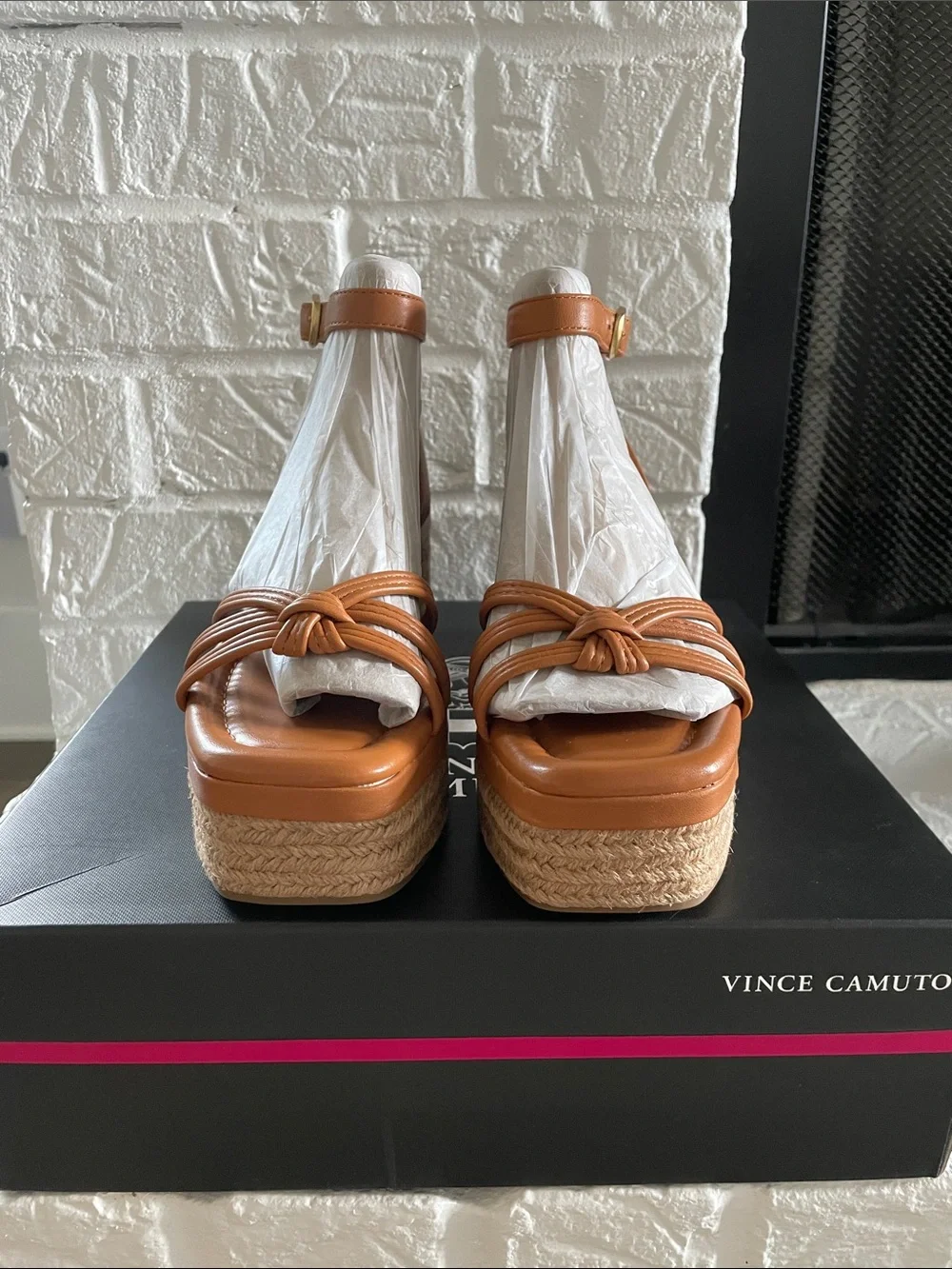 Vince Camuto Cognac Leather Knot-Front Platform Espadrilles